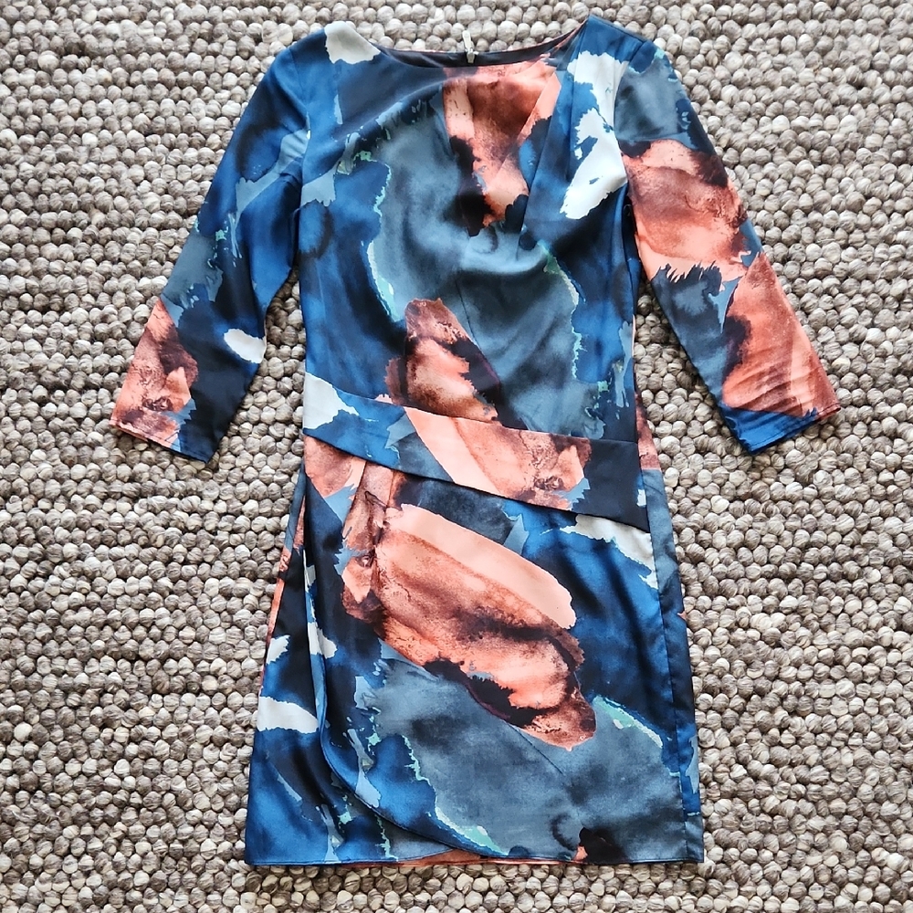 Abstract Print Blue and Coral Sheath Dress